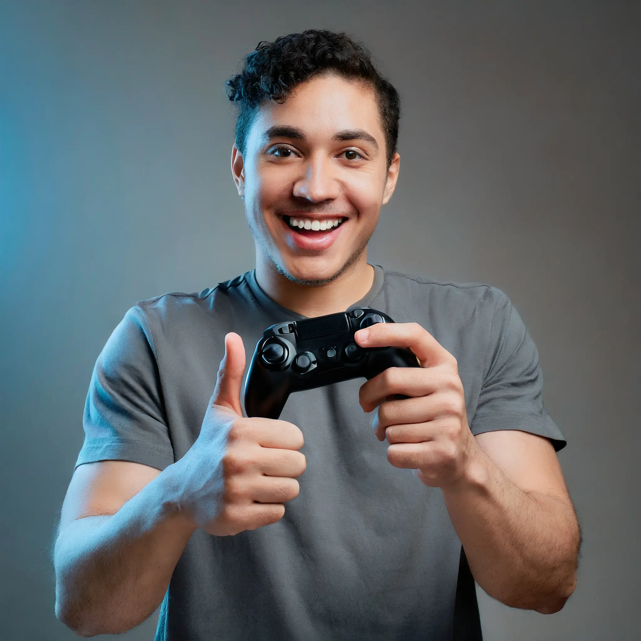 A happy gamer giving a thumbs-up while holding a PS5 controller, expressing satisfaction and confidence in their gaming experience.